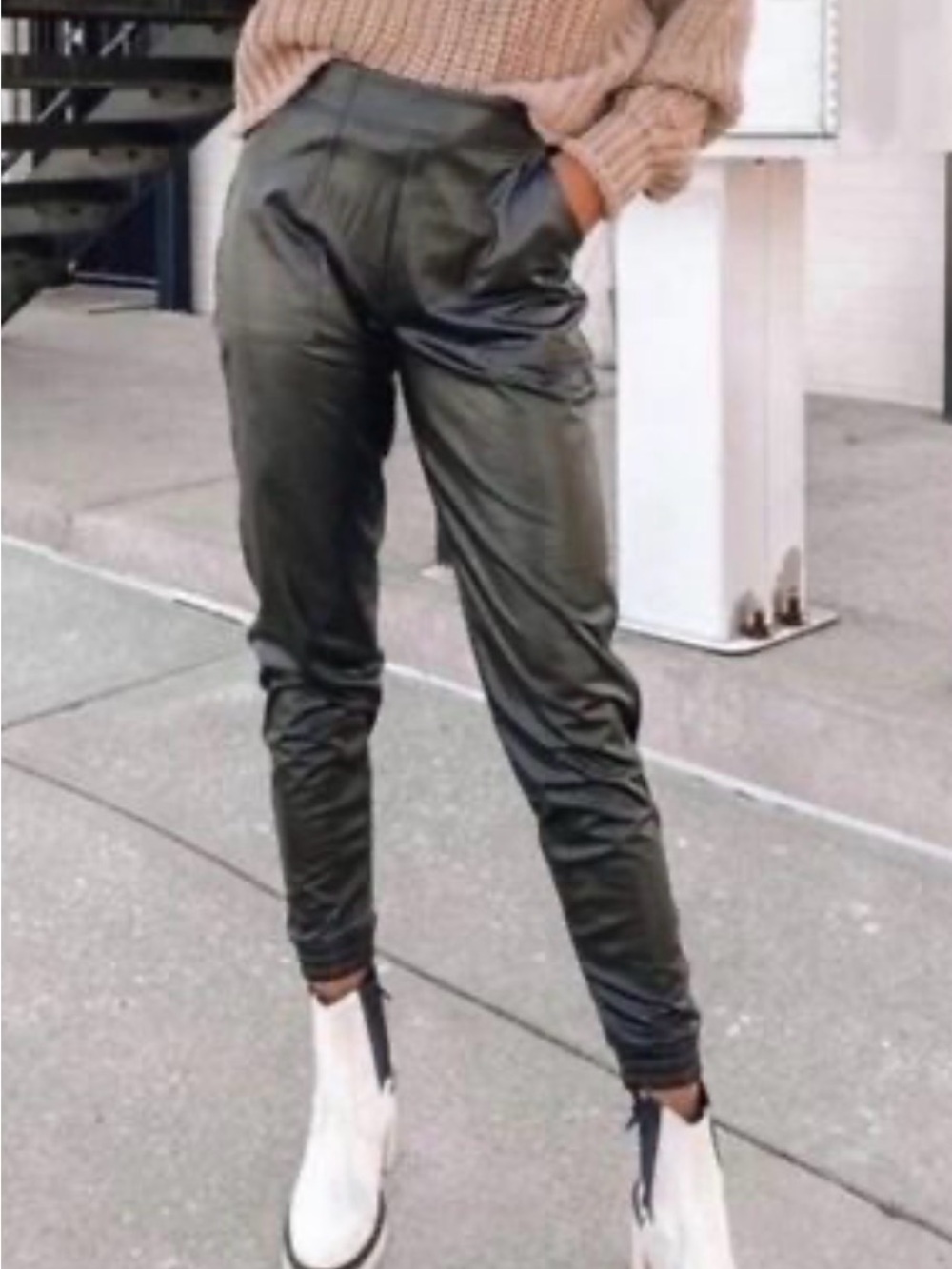 Spanx Women’s black faux leather high waisted jogger pants. Large